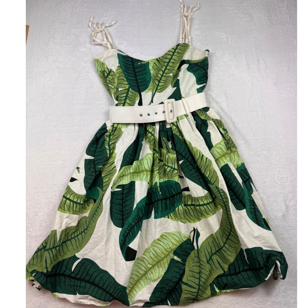 Collectif London Tropical Leaf Print Sun Dress Green White Belted Retro Sz M 12